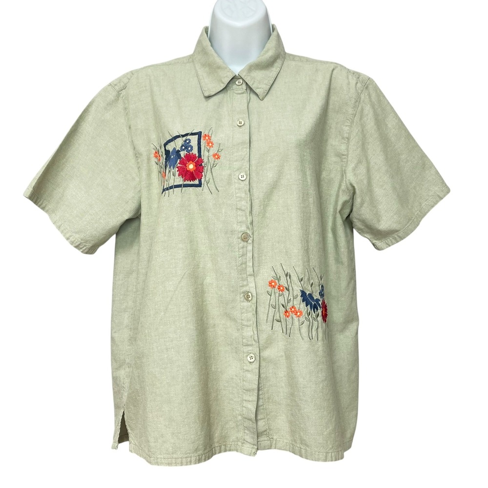 Embroidered Shirt Button Up Floral Short Sleeve Women XL Green Cotton Nature‎
